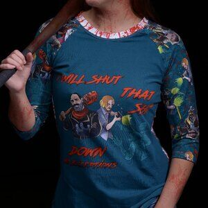 Handmade Walking Dead 3/4 Length Sleeve Graphic T-Shirt with Blood Splatter Back